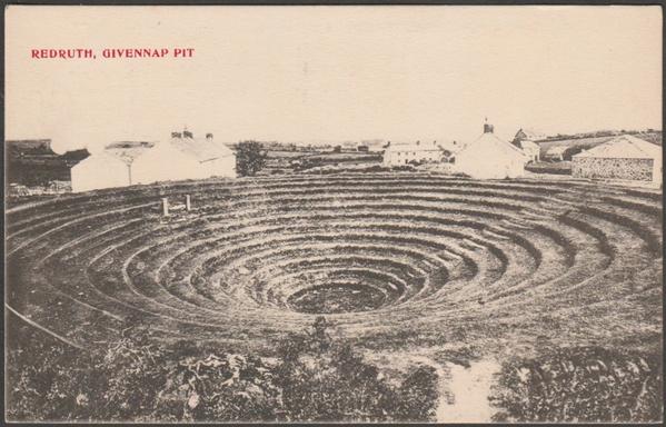 Printed sepia postcard showing a view of Gwennap Pit at Gwennap near Redruth in Cornwall.

Publisher not stated, not numbered, c.1905-10.

Postally unused.

Very good condition, with minimal corner bumps.