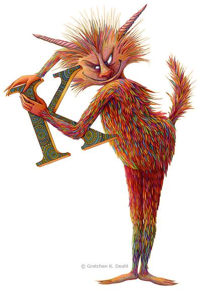 Graphite and colored pencil drawing in rainbow colors, depicting a tall creature with a devious smile, feathered body and two sharp twirly pink horns.
