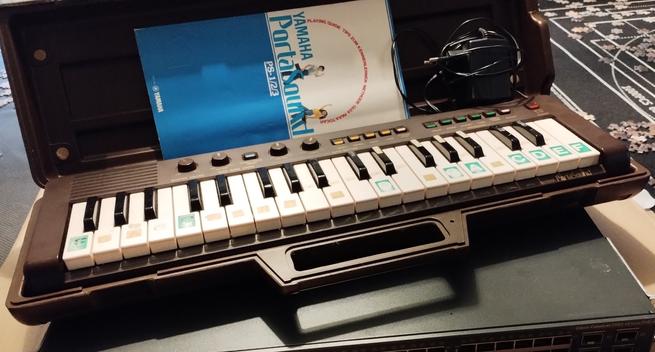 the Yamaha PortaSound PS-2 in its carry case, including the manual.  it still is a bit dirty and has markings and stickers.