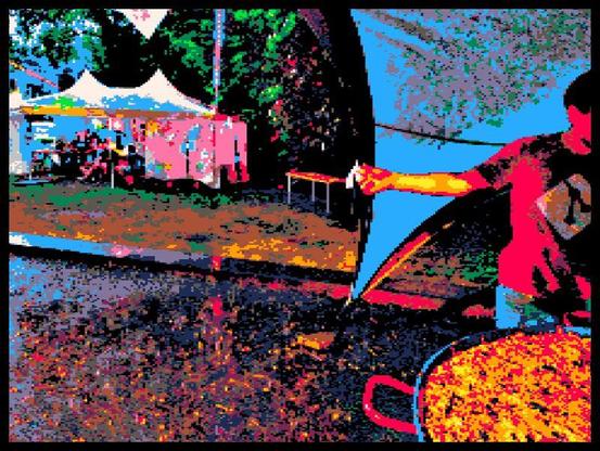 8bit photo of tents at a party in the rain, with a person holding the side of a tent with their fist to protect the giant paella.
