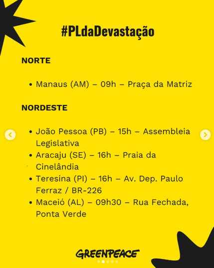 Card
Ato contra O PL da Devastação Ambiental.
1o de junho.
Norte
Manaus (AM) - 9h - Pça da Matriz
Nordeste
Aracaju (SE) - 16h Praia da Cinelândia
João Pessoa (PB) - 15h - Assembleia Legislativa
Maceió (AL) - 9h30 - R. Fechada, Ponta Verde
Teresina (PI) - 16h - Av. Dep. Paulo Ferraz/BR-226