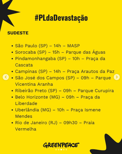 Card
Ato contra O PL da Devastação Ambiental.
1o de junho.
Sudeste
São Paulo (SP) - 14h - Masp
Sorocaba (SP) - 15h - Parque das Águas
Pindamonhangaba (SP) - 10h - Pç da Cascata
Campinas (SP) - 14h - PçArautos da Paz
São José dos Campos (SP) - 9h - Parque Vicentina Aranha
Ribeirão Preto (SP) - 9h - Pq Curupira
Belo Horizonte (MG) - 9h - Pç da Liberdade
Uberlândia (MG) - 10h - Pç Ismene Mendes
Rio de Janeiro (RJ) - 9h - Praia Vermelha
