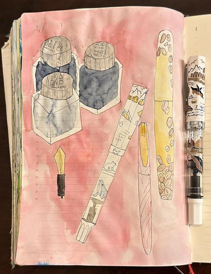 Sketch in sketchbook of three fountain pens, three Tono & Lims bottle of inks and a loose nib. Sort of my haul of today. I forgot to draw an extra Diamine ink bottle.