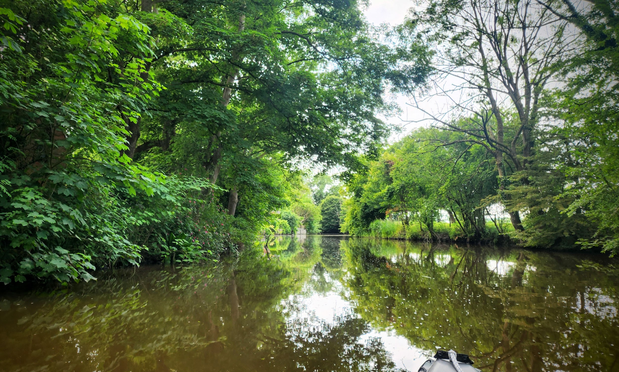 Der Wasserlauf führt in eine Örtchen wo erstmal hohe Laubbäume im kräftigen Frühsommergrün die Ufer flankieren.