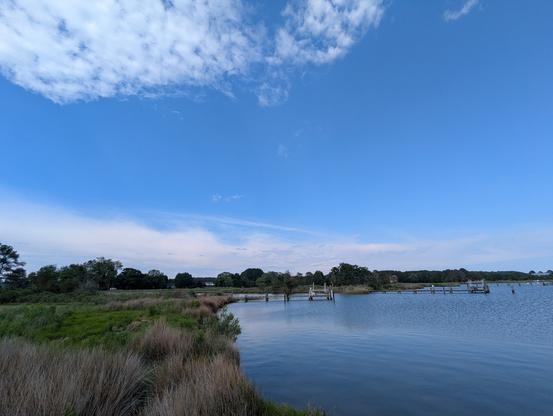 Photo of a calm afternoon on Harris Creek, white storm clouds remnants ride in the deep blue sky. Marsh is a riot of new green growth. Creek water is rippled and reflects the sky and clouds.