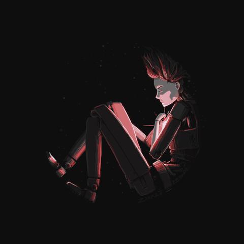 The image shows a robotic figure sitting in a dark space. Her body consists of metal parts with visible joints, which gives her a mechanical appearance. She sits in a pose with her legs crossed and bent under her, slightly leaning forward, as if she is lost in thought or at rest.

Special attention is drawn to the red light that comes from the robot's chest area, illuminating its body and giving the scene a neon, almost mystical glow. This light focuses attention on the central part of the figure, contrasting with the dark background and the rest of the body, which looks dimmer and more metallic. The robot has short hair that recreates the effect of movement, as if they were fixed at the moment of rapid movement. The atmosphere of the painting creates a sense of loneliness and introspection, emphasizing the technological and emotional gap between man and machine.