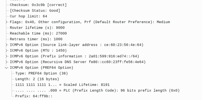 Wireshark captue showing RA with PREF64