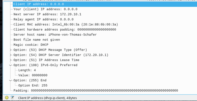 Wireshark capture 
show dhcp 108 with time zero