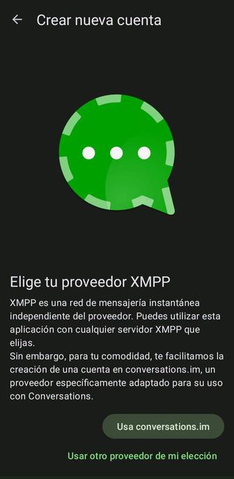 App Conversations: pantalla de crear cuenta. Me pregunta cuál es mi proveedor (quiere decir, los que crean el servidor para que nos unamos).