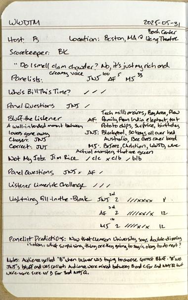 Written notes with panelist, segment and scoring information for the Wait Wait Don't Tell Me! that aired on May 31, 2025