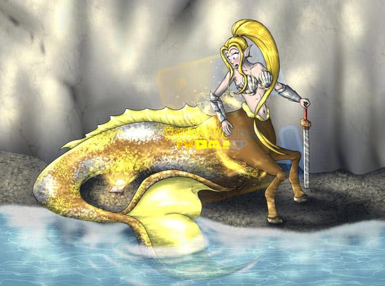 Hannah getting caught in an orange magical transformation, turning her from a centaur to a mercentaur. She looks down at the sea shell that caused it in shocked as her sword is dug into the ground.