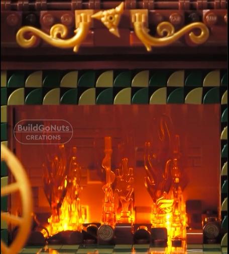 A model of a fireplace made of Lego bricks