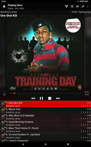 screencap from my media player showing that i am listening to "training day" by k-dot aka kendrick lamar. released 6/1/2005 this was his 2nd mixtape.