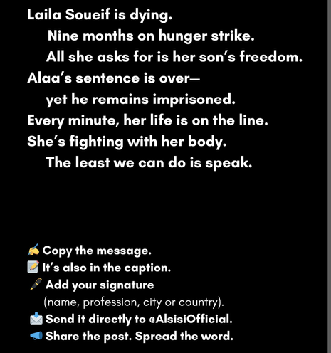 Laila Soueit is dying.
Nine months on hunger strike. All she asks for is her son's freedom. Alaa's sentence is over-
yet he remains imprisoned. Every minute, her life is on the line. She's fighting with her body.
The least we can do is speak.

Copy the message.
also in the caption.
Add your signature
(name, profession, city or country). Send it directly to eAlsisiOfficial.
Share the post. Spread the word.