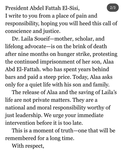 President Abdel Fattah El-Sisi, I write to you from a place of pain and responsibility, hoping you will heed this callof conscience and justice.
Dr. Laila Soueif-mother, scholar, and lifelong advocate--is on the brink of death after nine months on hunger strike, protesting the continued imprisonment of her son, Alaa Abd El-Fattah. who has spent years behind bars and paid a steep price. Today, Alaa asks only fora quiet life with his son and family. The release of Alaa and the saving of Laila's life are not private matters. They are a national and moral responsibility worthy of just leadership. We urge your immediate intervention before it is too late. This is a moment of truth--one that will be remembered for a long time.
With respect,
