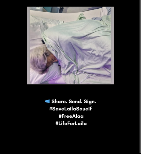 Picture of Laila in a hospital bed

Text below: 

Share. Send. Sign.
#SaveLailaSoueif
#FreeAlaa
#LifeForLaila