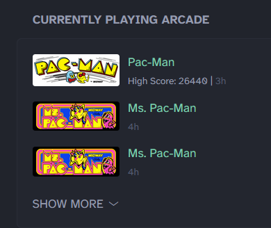 List of Currently Playing Arcade games on my homepage.  Pac-Man shows a high score of 26440 points.