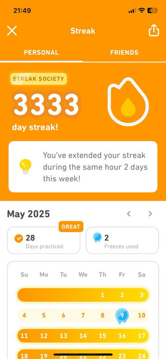 Screenshot of Duolingo on iOS showing a 3333 day streak.