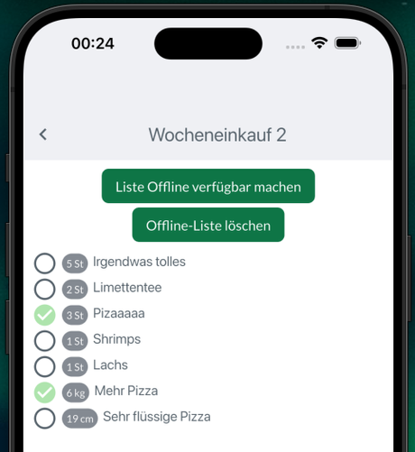 Eine Seite einer App auf einem iPhone-Simulator. Sie zeigt eine Einkaufsliste mit einigen Einträgen, zwei davon sind bereits abgehakt. Darüber gibt es zwei Buttons "Liste Offline verfügbar machen" und "Offline-Liste löschen". Es indiziert, dass sich eine Einkaufsliste vermutlich auch mal Offline verfügbar machen lässt - zumindest zum Abhaken ;)