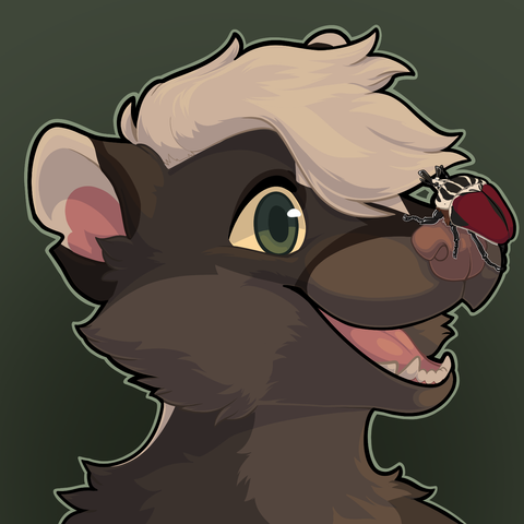 Headshot of an anthro skunk with a rhinoceros beetle on his nose
