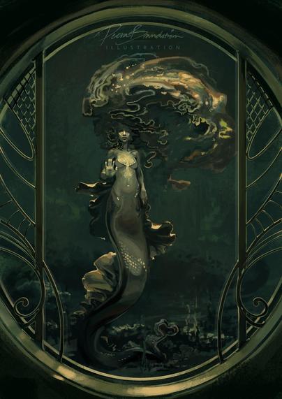Unnatural habitat, by Petra Brandström (2025).
Digital painting of a mermaid in an aquarium, holding up her hand to the glass. Her seaweed hair flows behind and above her her, catching the light. Solemn expression hidden in the shadow.
