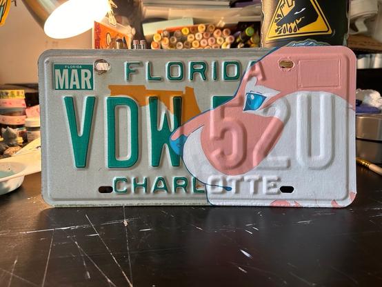 A Florida license plate. There’s a pink and white tiger head painted on the right side of it. Their nose and eyes are blue.