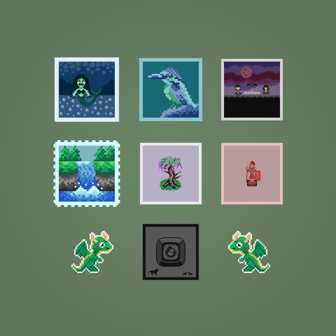 Multiple pixel art drawings of a mermaid, kingfisher, vampires, waterfall, wisteria tree, roman legionary, dragons and a cat in the shape of the ouroboros symbol