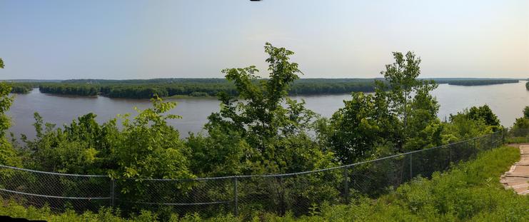 A panorama of the Mississippi River, taken from the Julian Dubuque Monument in Dubuque, Iowa.  The monument is in the Mines of Spain Recreation Area.