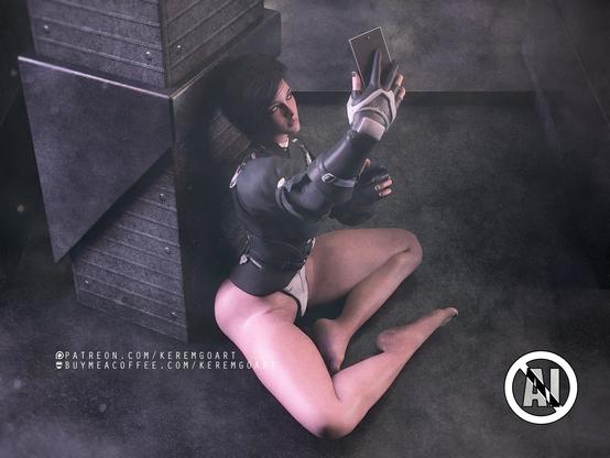 Freyna from the game The First Descendant sitting on the ground of a futuristic fantasy style environment taking a selfie with her phone