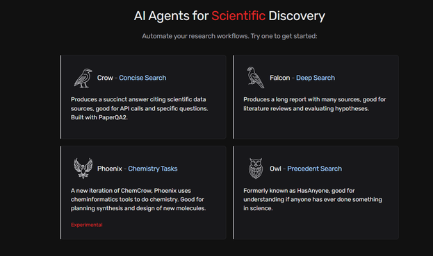 Screenshot showing various AI tools available from Future House.