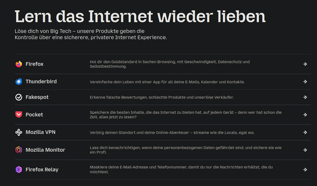 Deutsche Mozilla- Webseite welche mit Firefox, Thunderbird, Fakespot, Pocket, deren VPN, Monitor und Firefox Relay unter der Überschrift "Lern das Internet wieder lieben" wirbt.