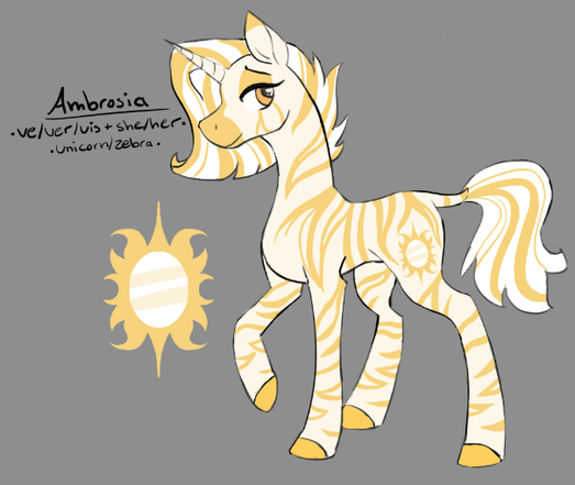 a whie and yellow unicorn-zebra hybrid pony with a golden mirror cutie mark. vis name is ambrosia, and ve uses ve/ver/vis and she/her pronouns.