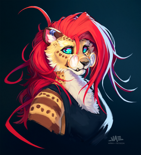 A portrait of a cheetah with bright red hair and glasses.