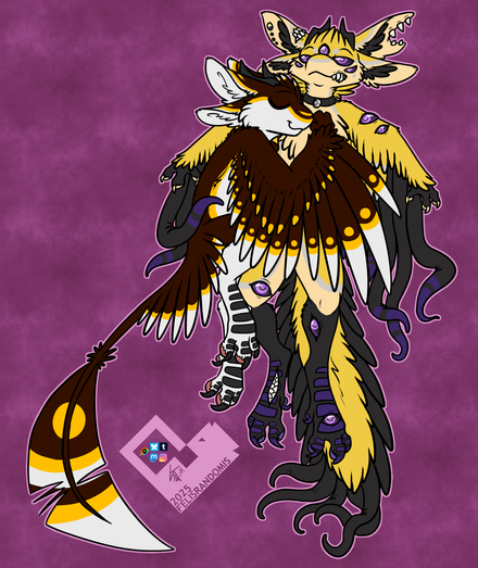 Digital art of two avali laying down and you're looking down at them as the viewer. The brown and white avali is snuggling up to the yellow and black avali, who is a bit eldritch with tentacles, extra mouths and eyes. They look a bit disgruntled about the snuggling but are accepting them.