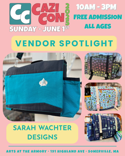 A composite image of a CaziCon flier featuring several messenger bags I have made, including a Star Trek: TNG sciences bag, a rainbow D20 bag, a ttrpg-inspired bag, and a chemistry inspired bag.