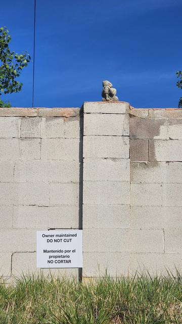 color photo of owner maintained sign, block wall, Buddha, and blue sky