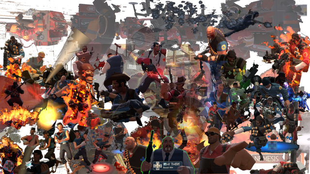 The image depicts a chaotic scene filled with numerous characters engaged in various activities, suggesting a battle or conflict. The foreground features a character engulfed in flames, wielding a weapon, surrounded by others in combat poses. The background is cluttered with explosions, and structures, adding to the sense of disorder. The characters are diverse, wearing different outfits and carrying various weapons, including guns and melee weapons. Some characters are in motion, while others are stationary, contributing to the dynamic nature of the scene. The color palette is vibrant, with a mix of reds, oranges, and blues, enhancing the intensity of the action. The image is crowded, with characters overlapping and interacting, creating a sense of urgency and chaos.