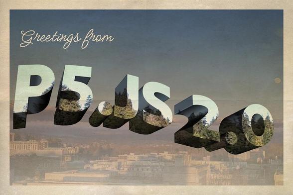 "Greetings from p5.js 2.0" in the style of an old postcard