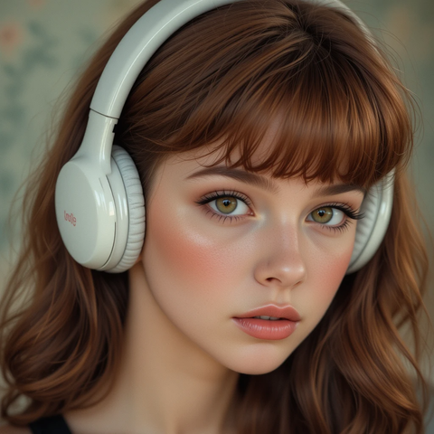 Primer plano de una joven con cabello rizado y pelirrojo, usando auriculares blancos, con un maquillaje natural y fondo desenfocado.