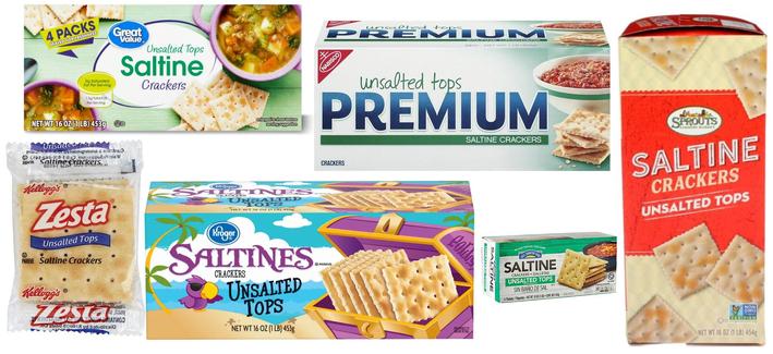 an assortment of brands of the unsalted variety of their soda crackers all of which are very careful to state "unsalted *tops*"