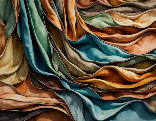 Loosely rippling soft fabric layers in shades of blue, orange, green, brown, beige, and pale yellow, creating a flowing abstract texture. Watercolor style.
