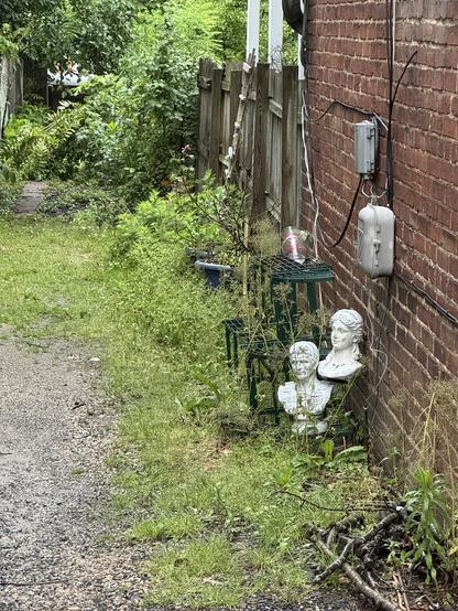 The image depicts a narrow, overgrown pathway bordered by a brick wall on the right and a wooden fence on the left. The pathway is made of gravel and is flanked by lush greenery, including various plants and weeds. On the right side of the pathway, there are two white bust sculptures, one larger and one smaller, placed on a green metal shelf. The larger bust is positioned slightly behind the smaller one. A clear plastic bottle is visible on the shelf. The brick wall features two electrical boxes with wires running along it. The wooden fence is partially obscured by the vegetation, and a ladder leans against it. In the background, a glimpse of a garden area with more plants and a white structure is visible. The scene conveys a sense of neglect and overgrowth, with the plants encroaching on the pathway and surrounding structures.

Provided by @altbot@fuzzies.wtf, generated privately and locally using Ovis2-8B

🌱 Energy used: 0.206 Wh