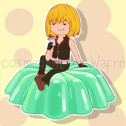 Digital flat color illustration of Mello from Death Note, drawn in chibi style. He is sitting on a light green jello, eating chocolate with a relaxed smile. The background is light pastel yellow with light pastel pink circles.
