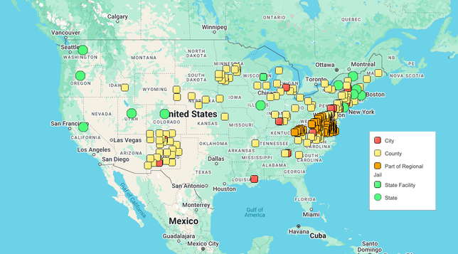 A map of the continental United States, covered by green dots, and yellow, orange and red squares. A lot of the squares are in Arizona and on the East Coast. The dots and squares represent places considered Sanctuary Jurisdictions.