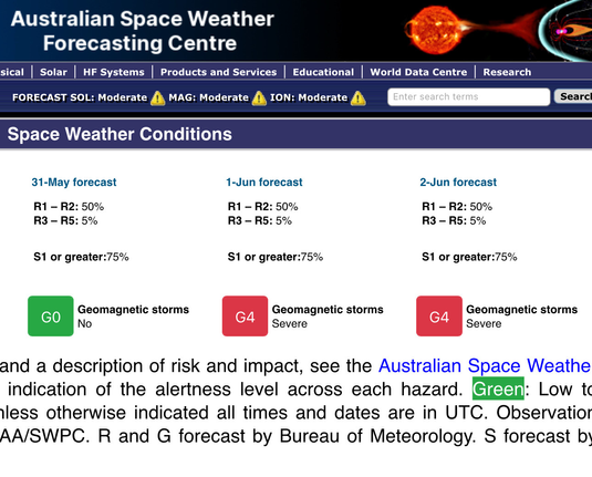 Summary page of the space weather centre showing a class G4 geomagnetic storm. Arriving today and tomorrow