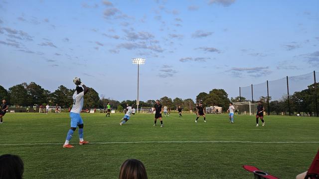 A player in blue and white takes a throw in under a good evening sky.