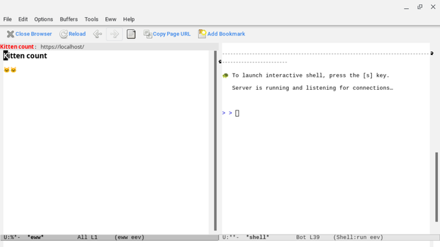 Screenshot of emacs eev-mode having
1. created (the source of) a kitten
2. Started the Kitten running inside emacs
3. then opened emacs eww to visit the kitten