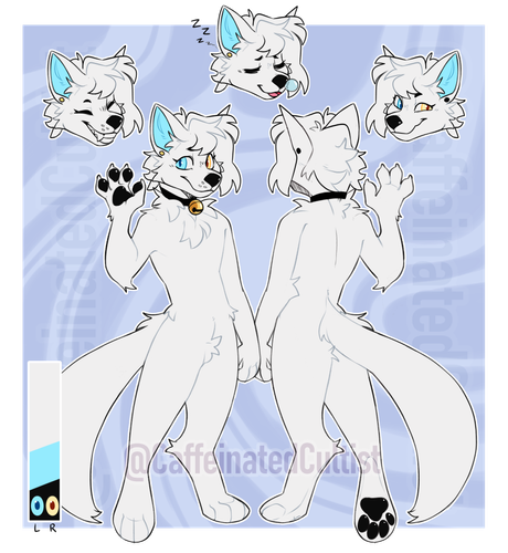 digital art of a furry fox character reference sheet. Sheet displays 3 headshot emotes, and a full body front view, and back view. Additionally a color palette bar in the bottom left corner.

Artwork by, CaffeinatedCultist