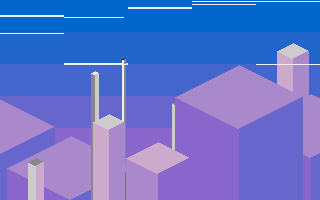 256 bytes cityscape with a purple to blue gradient, white horizontal lines represent clouds / trails and dimetric elongated cubes