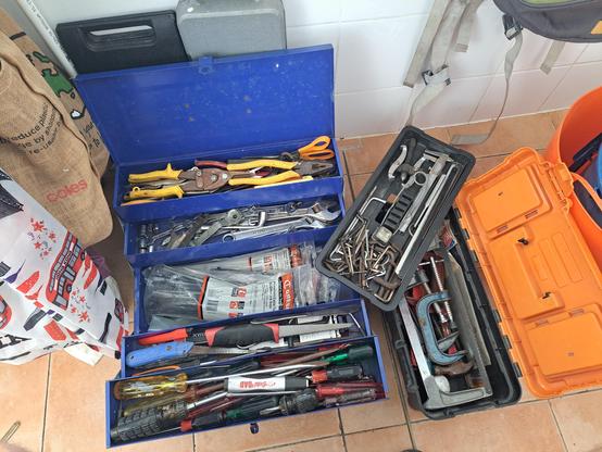 Photo of my two toolboxes with tools arranged neatly by type.